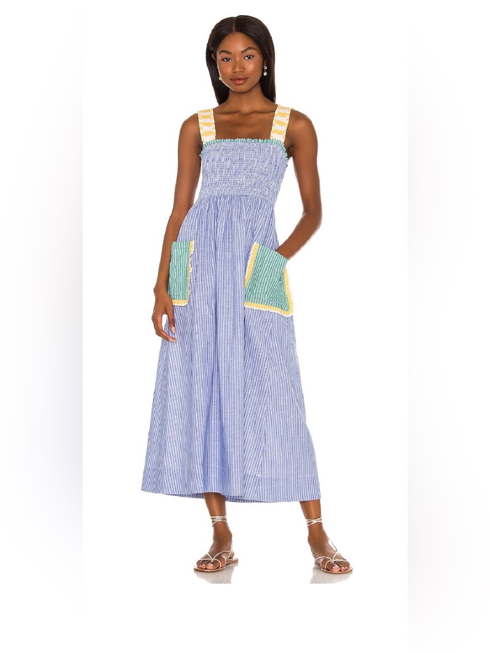 EUC- RHODE Blue and White Striped Maxi Dress with Green and Yellow Accents